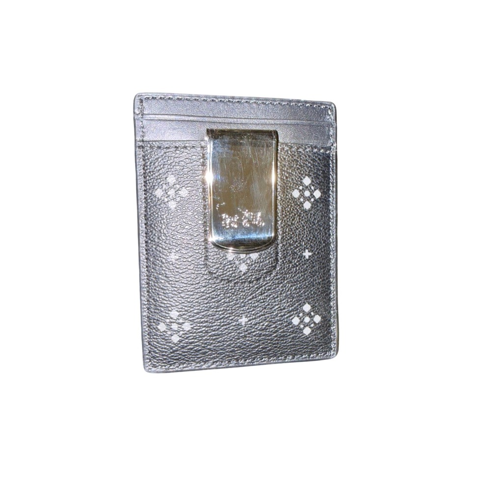 Coach Mens Card Case Money Clip Black/Grey Diamond Star Crossgrain Leather